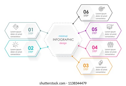 Business minimal Infographic design template with icons and 6 options or steps.  Can be used for process diagram, presentations, workflow layout, banner, flow chart, info graph.