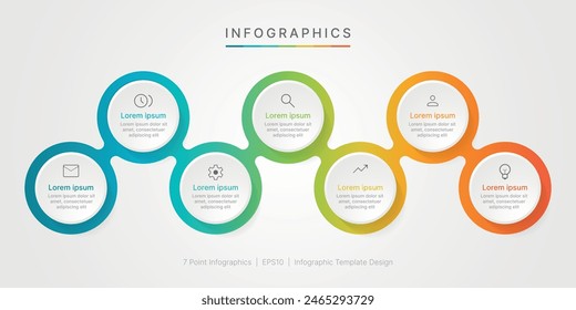 Business minimal Infographics template. 7 steps timeline with, options and marketing icons .Vector linear infographic with seven circle connected elements.  Design can be use for presentation.