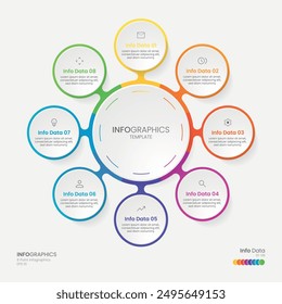 Business minimal Infographics template. 8 steps rounded timeline with options and marketing icons .Vector rounded infographic with eight circle connected elements. Design can be use for presentation.