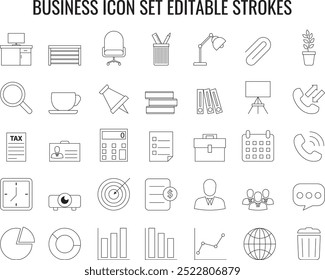 Business minimalist icon set with editable strokes, outline unique icons for businesses 