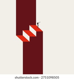 Business Minimalist Vector Concept of a Silhouette Business Woman Atop Red Stairs Looking Through Telescope for Future Vision. Minimal Eps10 Illustration. Symbol of Future, Success