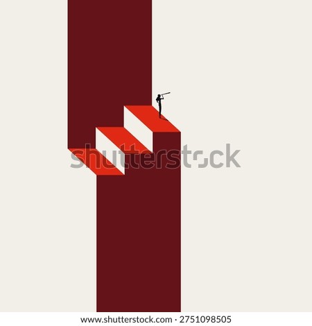 Business Minimalist Vector Concept of a Silhouette Business Woman Atop Red Stairs Looking Through Telescope for Future Vision. Minimal Eps10 Illustration. Symbol of Future, Success