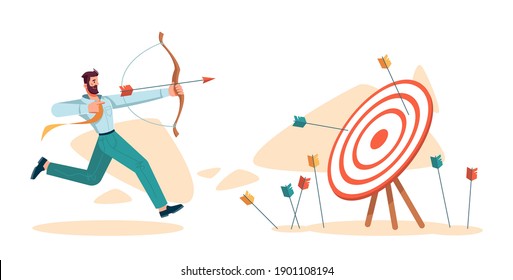 Business mission and achieving results at work. Businessman tries to hit target, fails and wins. Man shoots with bow and arrows. Dartboard with bullseye. Cartoon character, vector in flat style