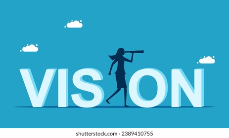 Business mission. Businesswoman with vision and binoculars 