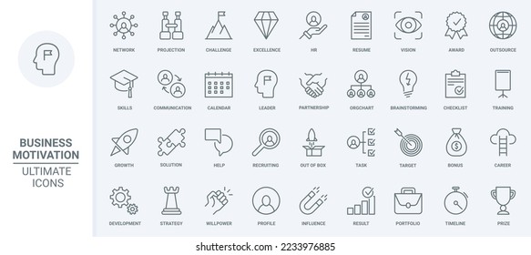 Business mission, challenge and motivation thin line icons set vector illustration. Abstract outline HR recruiting and outsource, leadership training and skills development, award and career of leader