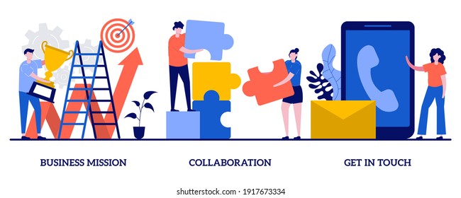 Business Mission, Collaboration, Get In Touch Concept With Tiny People. Set Of Company Development Direction, Team Building Exercise, Corporate Communication.