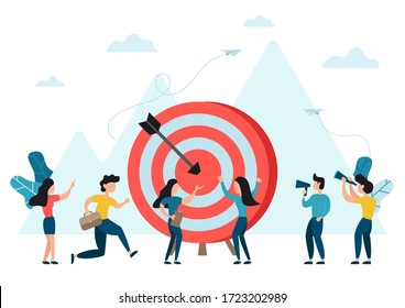 Business mission concept of people gather at the big target with arrow hit it in the center. People run to their goal, move up motivation, target achievement, successful contract team work.