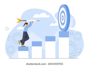 Business mission concept. Woman with dart look at target. Motivation, success and leadership. Young girl with planning and vision of future. Talented businesswoman. Cartoon flat vector illustration