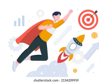 Business mission concept. Young guy in superhero cape flies next to rocket. Startup and innovation metaphor. Business development and aspiring entrepreneur, hero. Cartoon flat vector illustration