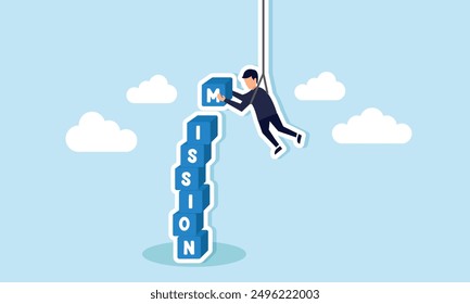 Business mission leadership to achieve targets, overcome obstacles, and find motivation to do the impossible, concept of A skillful businessman hangs from above, managing to complete mission blocks