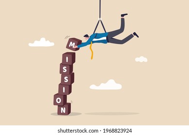 Business mission, leadership skill to achieve target and overcome work obstacle or motivation to do impossible thing concept, skillful businessman hanging from above manage to complete mission blocks.