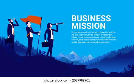 Business mission - Proud and determined businesspeople standing on hilltop in epic landscape raising flag on searching for success. Vector illustration