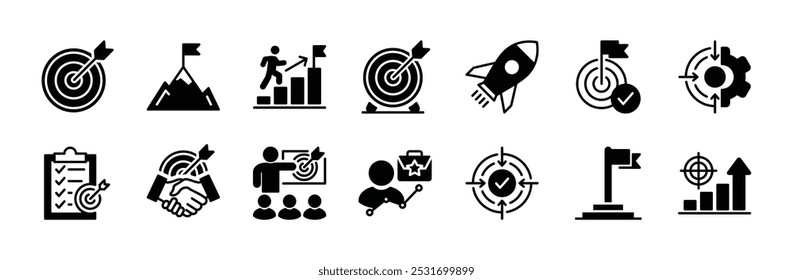 Conjunto de vetores do ícone de destino da missão comercial. Contendo pico de montanha, objetivo, seta, realização, dartboard, foguete, startup, checklist, trabalho em equipe, preciso, estratégia, objetivo, desenvolvimento, sucesso, objetivo