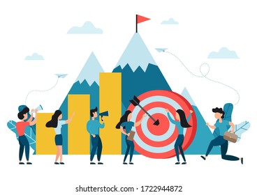 Business mission target, people run to their big target with yellow graphs and mountain in the back with red flag. Business concept growth to success, creative ideas, achievement, path to the goal.