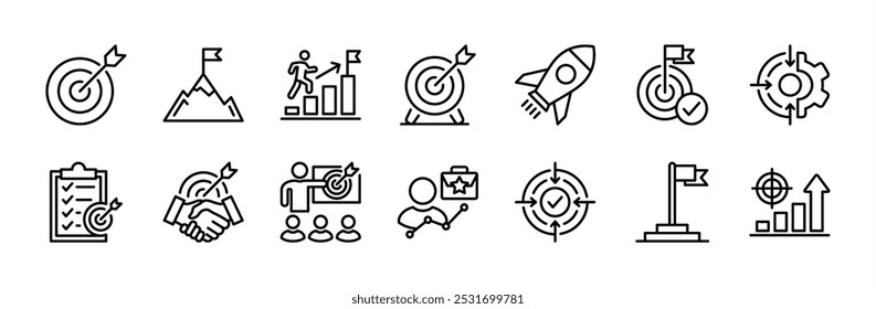 Conjunto de ícones de linha fina de destino da missão de negócios. Contendo seta, pico de montanha, objetivo, realização, dartboard, foguete, startup, checklist, trabalho em equipe, preciso, estratégia, objetivo objetivo, desenvolvimento, sucesso