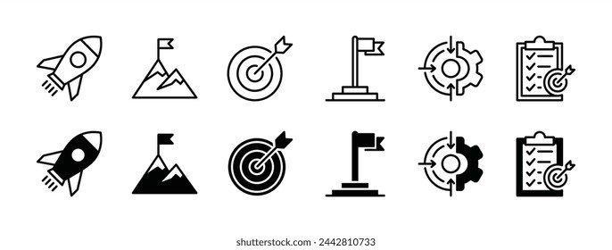 Conjunto de iconos de línea delgada de misión empresarial. Conteniendo inicio, logro, objetivo, éxito, estrategia, objetivo de gestión de listas. Objetivo con flecha, lanzacohetes, bandera de la montaña cumbre. ilustración vectorial