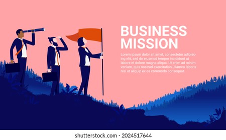 Business mission - Three business people standing on top of hill looking for opportunities and success. Vector illustration with copy space for text.