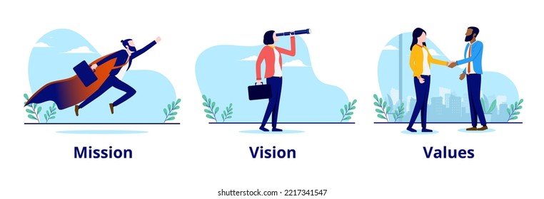 Business mission vision and values - Collection of vector illustration with businesspeople showing metaphor for company core values. Flat design with white background