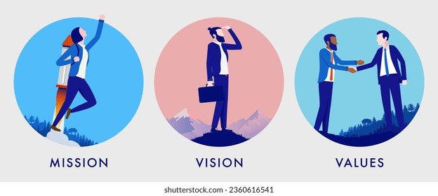 Business mission vision and values vector - Set of illustrations with core values metaphors in round frames. Flat design