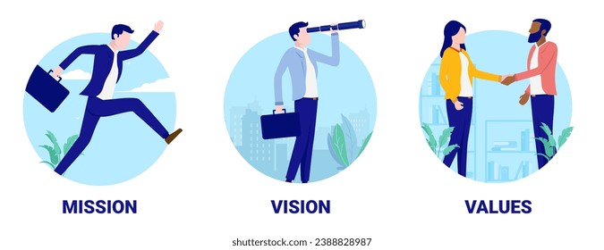 Business mission vision values - Vector illustration of core values with people representing corporate company principles. Flat design with oval round frames on white background