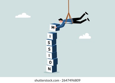 As missões de negócios alcançam metas, superam obstáculos e encontram a motivação para fazer o impossível, o conceito de empreendedores qualificados pendurados de cima, completando missões com sucesso.