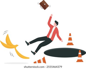 Business mistake or accident, insurance, disaster suddenly happened without warning or risk and danger in investment concept, businessman running and slipping with big banana peels on the ground.

