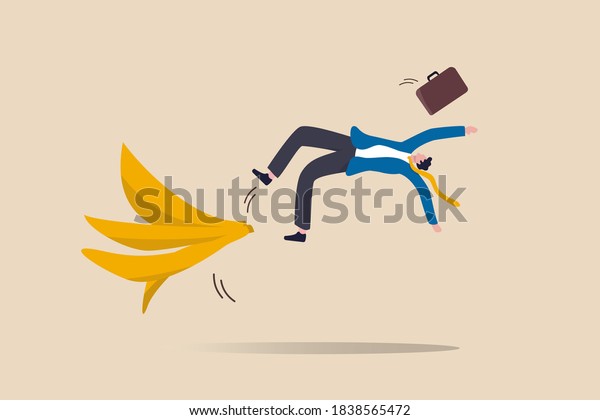 Business mistake or accident, insurance, disaster\
suddenly happened without warning or risk and danger in investment\
concept, businessman running and slipping with big banana peels on\
the ground.