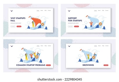 Business Mistake, Hopeless Landing Page Template Set. Frightened Businesspeople Shipwreck on Paper Boat. People Drowning in Ocean Struggle With Problem Or Obstacle. Cartoon Vector Illustration