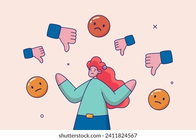 Business mistake or problem concept. Response to negative feedback, dislike or bad customer review rating, handle complaint, satisfaction or angry opinion, businesswoman response to negative feedback.