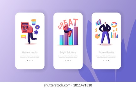 Business Mobile App Page Onboard Screen Template. Tiny People with Huge Office Stationery, Man with Calculator, Woman on Column Chart, Characters Working Process Concept. Cartoon Vector Illustration