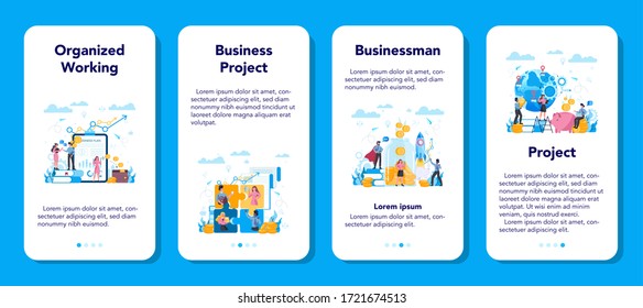 Business mobile application banner set. Idea of strategy and achievement in teamwork. Target and key to success. Brainstorm and strategy. Isolated vector illustration in flat style