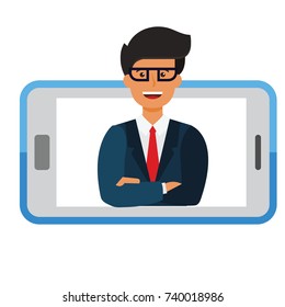 business mobile application,  businessman in smartphone cartoon flat vector illustration concept on isolated white background