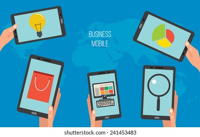 Business mobile apps on tablets or smartphones, vector illustration concept