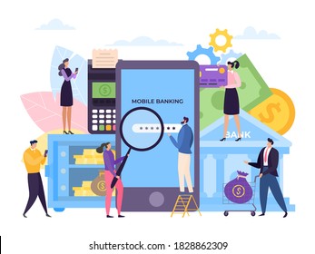 Business mobile bank, finance flat concept vector illustration. Online money technology, digital financial payment. People character make banking transaction, internet card transfer and pay service.