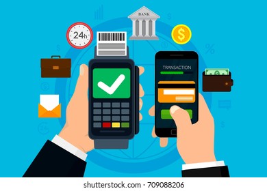 Business mobile payment concept and digital marketing. Mobile banking and e-commerce concept. Vector illustration. Flat design.