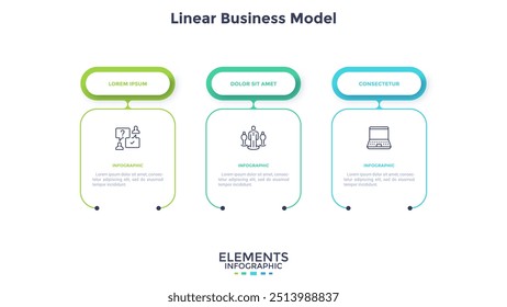 Business model with 3 rectangular frames placed in horizontal row. Concept of three features of startup project. Simple infographic design template. Modern flat vector illustration for presentation.