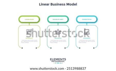 Business model with 3 rectangular frames placed in horizontal row. Concept of three features of startup project. Simple infographic design template. Modern flat vector illustration for presentation.