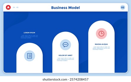 Business model with 3 vertical bars infographic elements for website. Corporate process management system web page. Demonstrative graphics with 3 steps design template on dark blue background