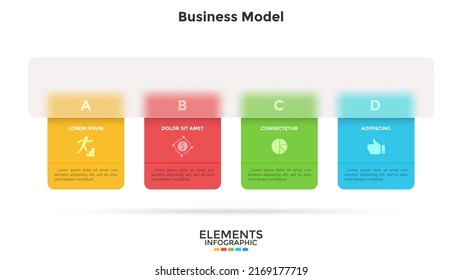 Business model with 4 cards behind translucent rectangular element placed in horizontal row. Concept of four features of company. Simple infographic design template. Modern flat vector illustration.