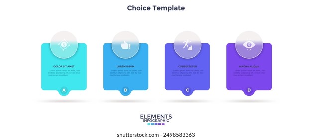 Business model with 4 cards behind translucent circles placed in horizontal row. Concept of four features of startup project. Minimal infographic design template. Modern flat vector illustration.