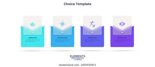 Business model with 4 cards behind translucent squares placed in horizontal row. Concept of four business messages to choose. Simple infographic design template. Modern flat vector illustration.