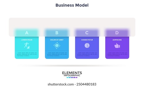 Modelo de negocio con 4 tarjetas detrás del elemento rectangular translúcido colocado en fila Horizontal. Concepto de cuatro características de la empresa. Plantilla de diseño infográfico simple. Moderna Ilustración vectorial plana.