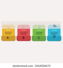 Business model with 4 cards behind translucent rectangular element placed in horizontal row. Concept of four features of company. Simple infographic