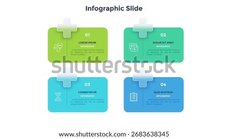 Business model with 4 cards behind translucent plus shapes placed in horizontal row. Concept of four business messages to choose. Simple infographic design template. Modern flat vector illustration.