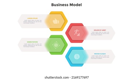 Business Model With 4 Colorful Hexagons Covered By Translucent Elements. Concept Of Menu Or List With Four Features. Minimal Infographic Design Template. Modern Flat Vector Illustration For Banner.