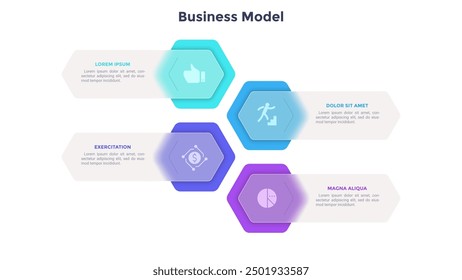 Geschäftsmodell mit 4 farbenfrohen Sechsecken, die von lichtdurchlässigen Elementen bedeckt sind. Konzept des Menüs oder der Liste mit vier Funktionen. Minimale Infografik-Entwurfsvorlage. Moderne flache Vektorgrafik für Banner.