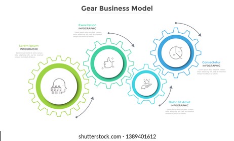 Business model with 4 paper white gear wheels. Concept of coordinated work, mechanical process, functioning mechanism. Modern infographic design template. Simple vector illustration for presentation.