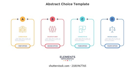 Business model with 4 rectangular frames placed in horizontal row. Concept of four features of startup project. Simple infographic design template. Modern flat vector illustration for presentation.