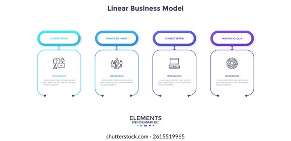 Business model with 4 rectangular frames placed in horizontal row. Concept of four features of startup project. Simple infographic design template. Modern flat vector illustration for presentation.
