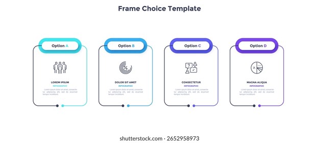 Modelo de negócios com 4 quadros retangulares colocados na linha horizontal. Conceito de quatro características do projeto de inicialização. Modelo de design infográfico simples. Ilustração vetorial plana moderna para apresentação.